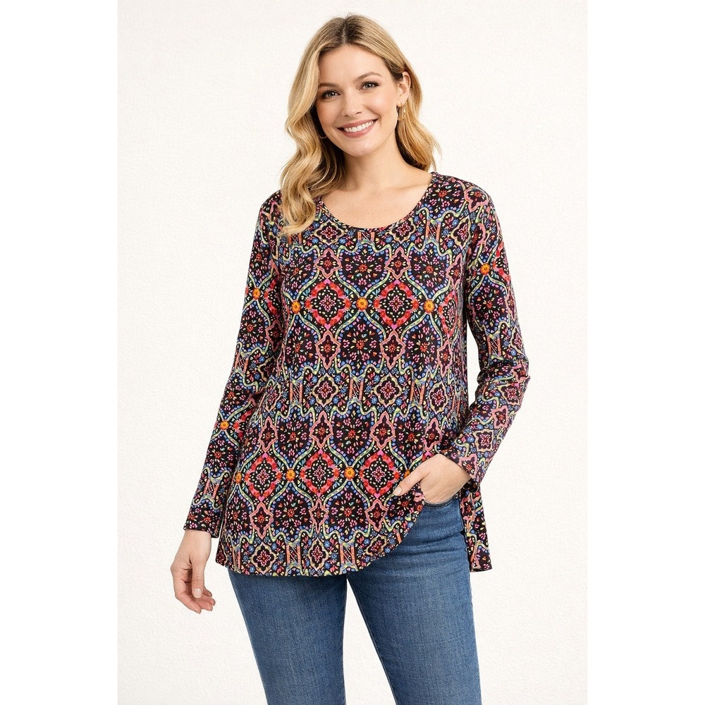 Croft & Barrow Womens Classic Tee Plus Size 2X Long Sleeve Medallion Print Soft